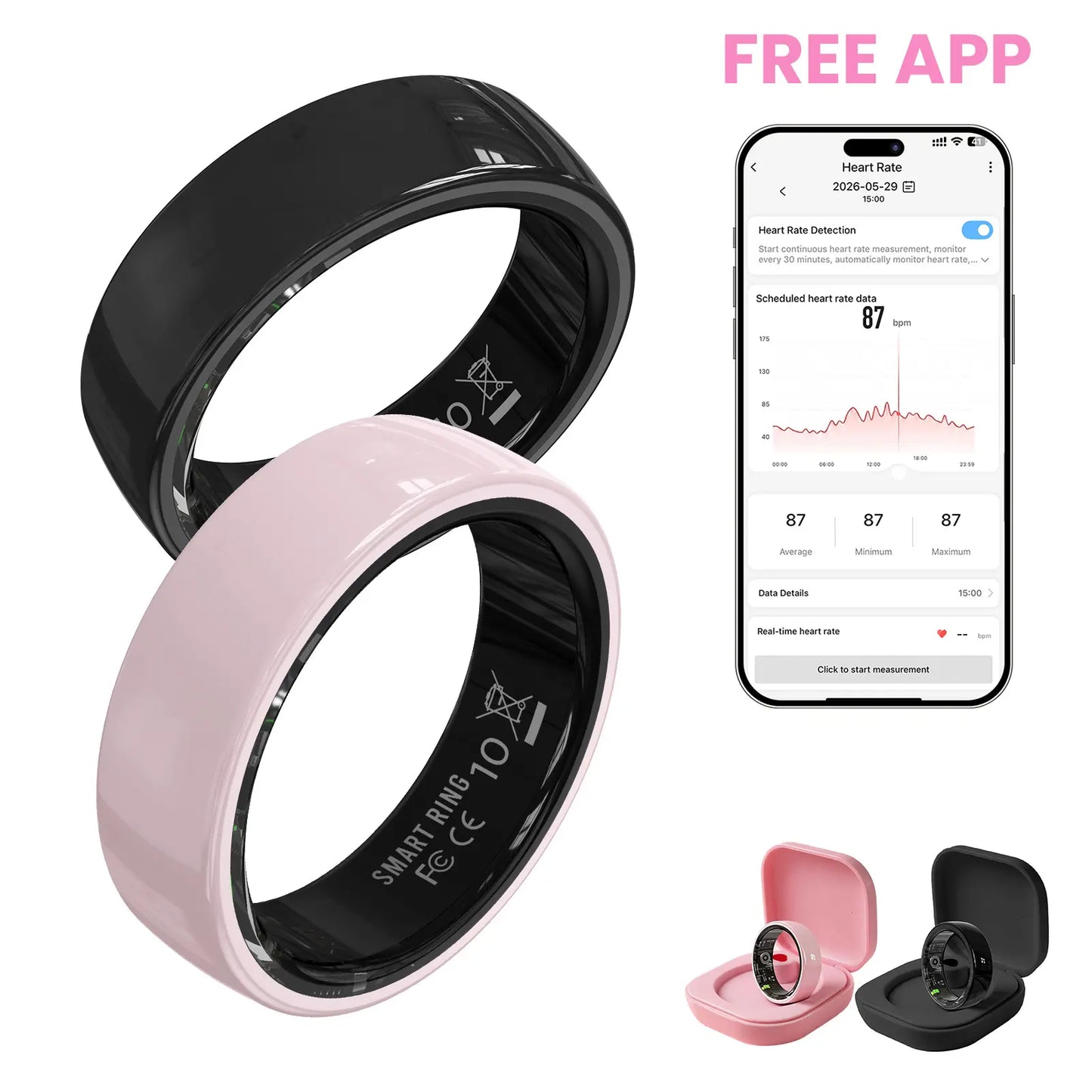 #6-#11 Pink & Black Ceramic Smart Couple Rings for Women & Men, Fitness & Sleep Tracker, Heart Rate & Stress Monitor, Cycle Tracking, IP68 Waterproof, 3–5 Day Battery, Ios & Android Compatible, with Charging Case